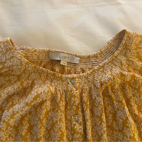 LOFT Mustard and White Patterned Blouse. Button up.  Smoking at neck and sleeves - Picture 2 of 4